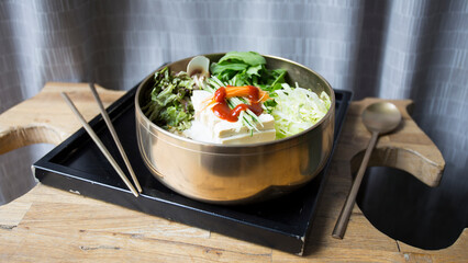 Tofu salad with kimchi and vegetables. Traditional asian recipe.