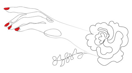 Hand with red nails and flower single line