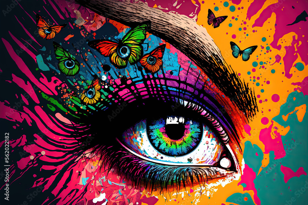 Canvas Prints Colorful butterflies and a woman's eye, mixed media, with an abstract background of colors. Generative AI