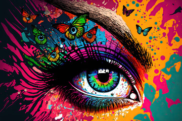 Fototapeta Colorful butterflies and a woman's eye, mixed media, with an abstract background of colors. Generative AI obraz