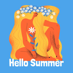 Girl with long hair in a wreath of daisies. Hello summer concept illustration
