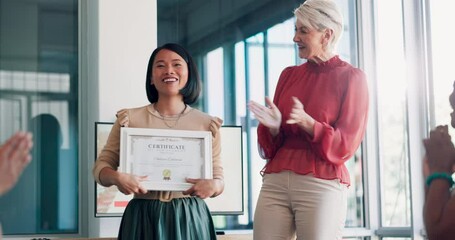 Applause, certificate and success with business woman in meeting for goal, thank you and winner. Celebration, praise and promotion with business people and award for support, achievement and branding