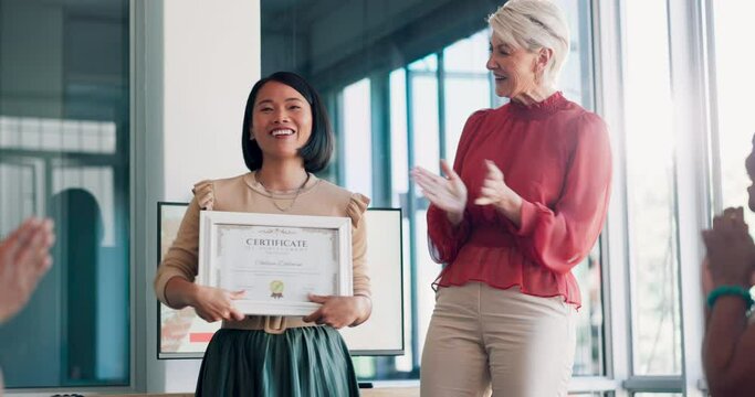 Applause, certificate and success with business woman in meeting for goal, thank you and winner. Celebration, praise and promotion with business people and award for support, achievement and branding
