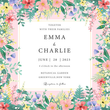 Wedding invitation template. Hand painted watercolor style plants. pink and colorful colors.