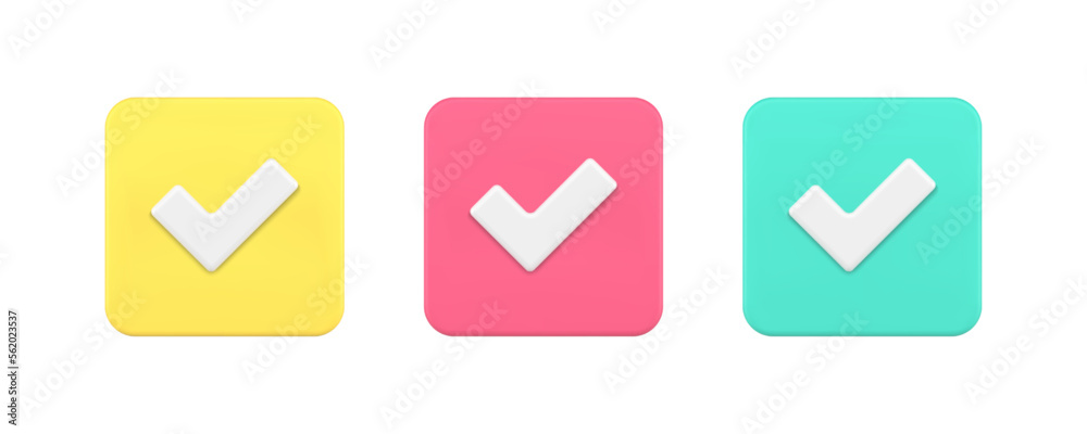 Poster done check mark squared button agreement checkbox checklist correct choice 3d icon set vector