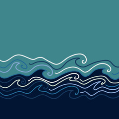 Fototapeta na wymiar Hand-drawn ocean waves illustration in teal and navy, line art style background