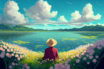 Naklejka premium Digital anime style art painting of a man sitting with flowers in front of a beautiful lake