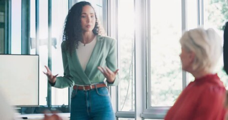 Business pitch, presentation and woman coaching at workshop with growth and development at startup. Leadership, strategy and planning, woman speaker or presenter at corporate conference or trade show