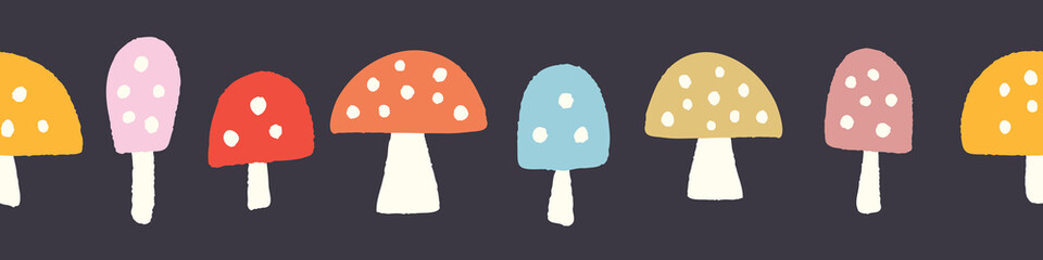 Mushroom background pattern border. Fall vector seamless repeat banner of bright colourful spotted hand drawn textured mushrooms. 