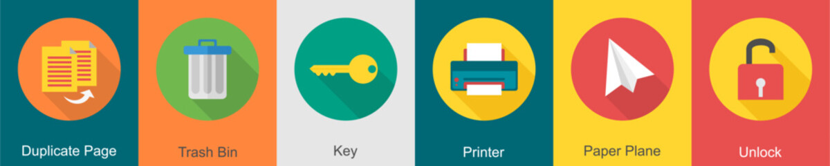 A set of 6 User interface icons as duplicate page, trash bin, key,