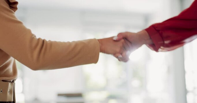 Partnership, thank you and handshake from business women happy with investment deal, negotiation or agreement. Hand shake, welcome and people shaking hands for b2b collaboration or corporate contract