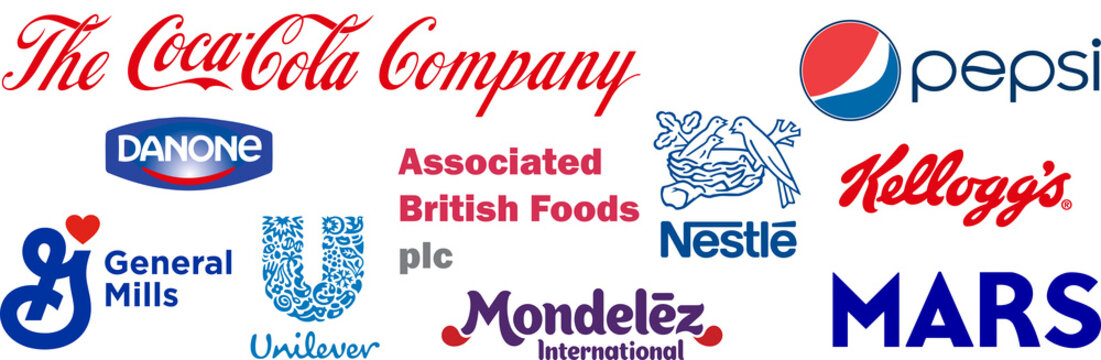 Top-10 consumer companies. Big corporations of food and drink products. Coca-Cola, Pepsi, Nestle, Unilever, Danone, Mondelez, Mars, Kellogg's, General Mills, British Foods