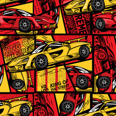 Abstract seamless pattern with sport cars .Bright background with grunge elements for textiles, children's clothes, prints. Pattern for boys © SokolArtStudio