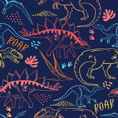 Seamless  bright  Dino pattern, print for T-shirts, textiles, wrapping paper, web. Original design with t-rex, dinosaur.  grunge design for boys and girls © SokolArtStudio