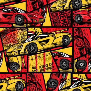 Abstract seamless pattern with sport cars .Bright background with grunge elements for textiles, children's clothes, prints. Pattern for boys