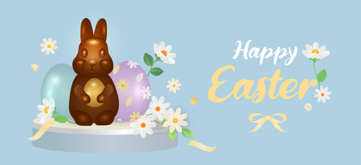 Easter banner with chocolate rabbits, Spring flowers and beautiful painted eggs. Concept of Easter egg hunt or egg decorating art.
