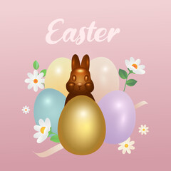 Easter banner with chocolate rabbits, Spring flowers and beautiful painted eggs. Concept of Easter egg hunt or egg decorating art.