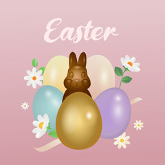Easter banner with chocolate rabbits, Spring flowers and beautiful painted eggs. Concept of Easter egg hunt or egg decorating art.