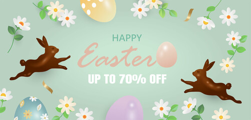 Easter banner with chocolate rabbits, Spring flowers and beautiful painted eggs. Concept of Easter egg hunt or egg decorating art.