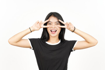 Showing Peace Sign on Eye Of Beautiful Asian Woman Isolated On White Background