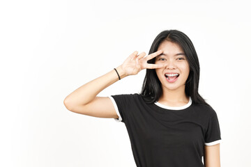Showing Peace Sign on Eye Of Beautiful Asian Woman Isolated On White Background
