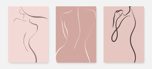 Line Art Set of 3 Minimalist Female Body Prints. Line Drawing Art with Woman Body for Bedroom, Living Room and Office Wall Decor. Female Figure Hand Draw Line Art Vector Design in Minimalist Style.