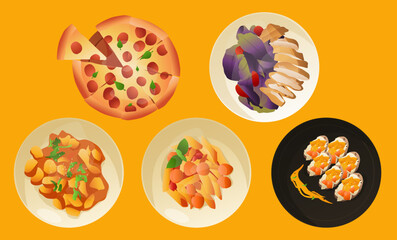 Modern Culinary Food Set with Pizza, Shusi Roll, Grilled Meat,
