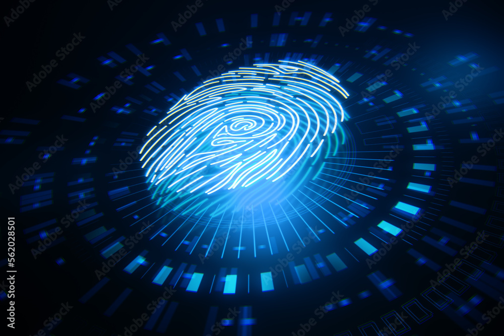 Aufkleber Cyber security and personal computing access with perspective view on digital human illuminated fingerprint in form of bottom on abstract dark technological background. 3D rendering