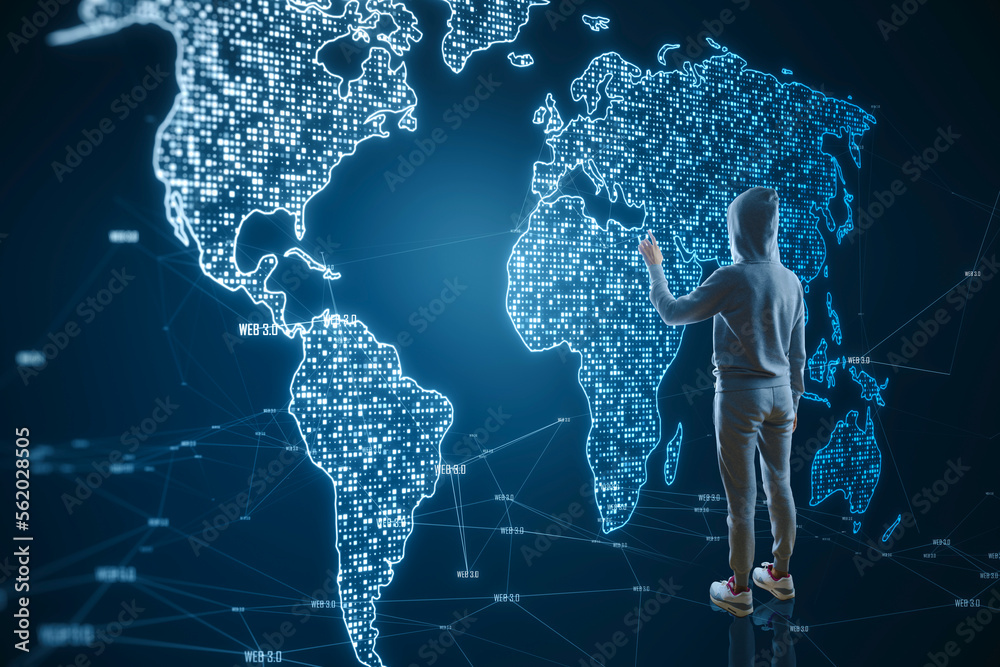 Aufkleber hacker in hoodie using glowing pixel map hologram on blurry blue background. infographic data, hacki