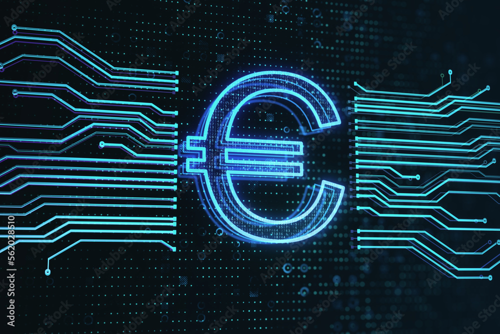 Poster international currency and money exchange concept with digital blue euro symbol in the middle of cir