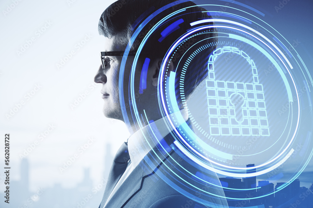 Poster portrait of young european businessman with abstract padlock button on city background with mock up 