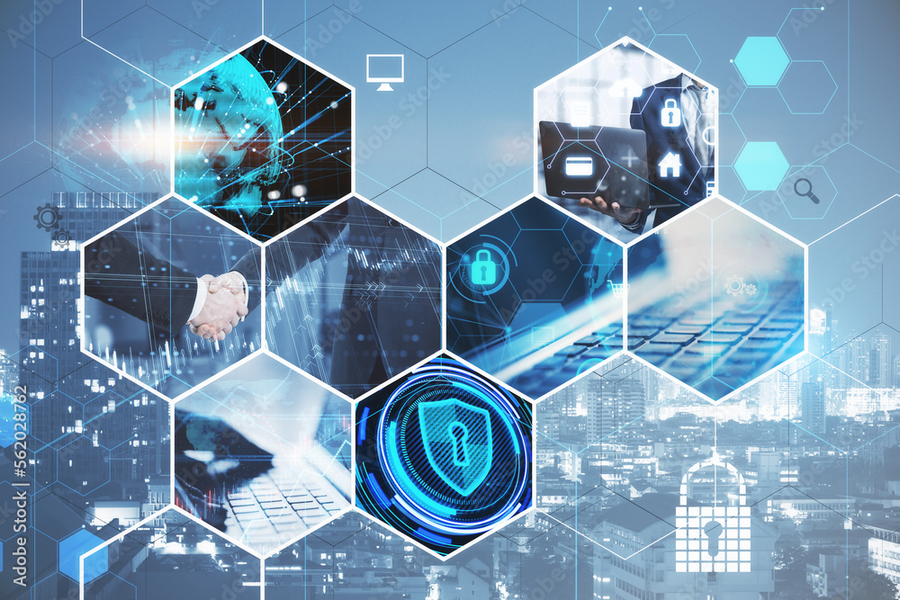 Poster creative business hexagons with different digital work concepts on blurry city abackground. double e