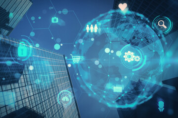 Creative digital globe hologram with tech icons on blurry night city background. Money transfer and world concept. Double exposure.