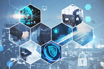 Fototapeta premium Creative business hexagons with different digital work concepts on blurry city Abackground. Double exposure.
