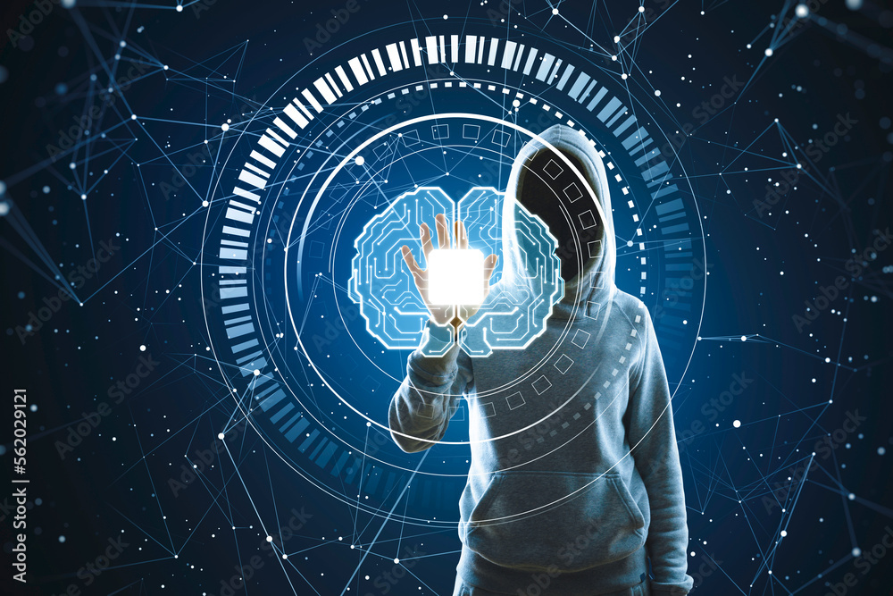 Poster hacker using glowing polygonal chip and brain hologram on blurry dark background. ai, data theft, ma