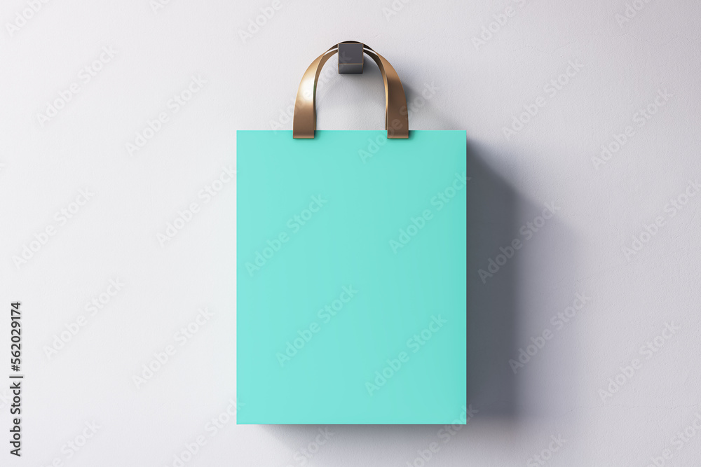 Poster close up of blue shopping or present bag on light backdrop. mock up, 3d rendering.