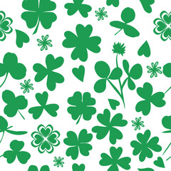 St Patrick s Day Clover seamless pattern. Vector illustration for lucky spring design with shamrock. Green clover isolated on white background. Ireland symbol pattern. Irish decor for web site.