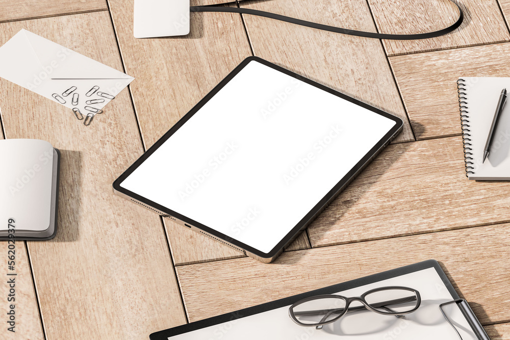 Poster perspective view on blank white modern digital tablet screen with place for your logo or text on woo