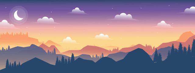 Nature landscape. Wild forest mountains with a natural view at night. Vector illustration