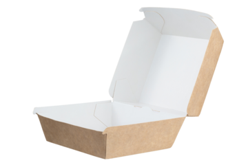 Craft open brown burger eco box isolated on white background. Eco-friendly food packaging. Full Depth of field. Focus stacking. Png