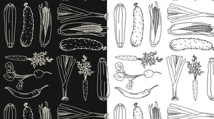 doodle pattern, banner, poster with healthy vegetables, carrot, radish, onion, cucumber, cabbage, corn, broccoli, zucchini, shop advertising poster on black and white background