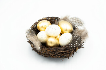 Obraz premium Nest, Easter golden and white eggs