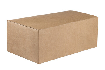 Blank closed craft box mockup, side view. Empty cardboard package for take away delivery for snacks mock up, isolated. Clear disposable carry pack. Full Depth of field. Focus stacking. Png