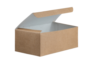Blank closed craft box mockup, side view. Empty cardboard package for take away delivery for snacks mock up, isolated. Clear disposable carry pack. Full Depth of field. Focus stacking. Png