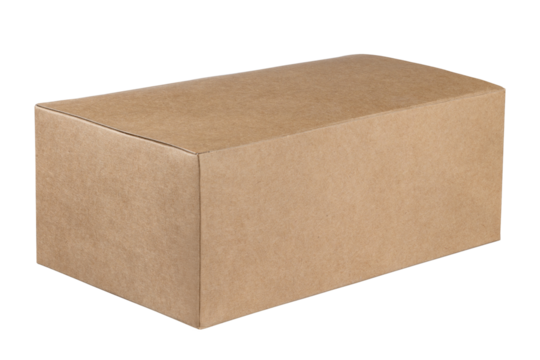 Blank closed craft box mockup, side view. Empty cardboard package for take away delivery for snacks mock up, isolated. Clear disposable carry pack. Full Depth of field. Focus stacking. Png