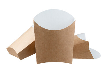 Blank kraft or craft paper cardboard brown fry box isolated on white background packaging template...
