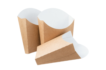 Blank kraft or craft paper cardboard brown fry box isolated on white background packaging template mockup with clipping path. Full Depth of field. Focus stacking. Png