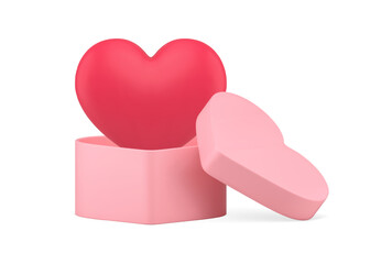 Red passion heart in open pink gift box with open cap Valentine's day congratulations 3d icon vector