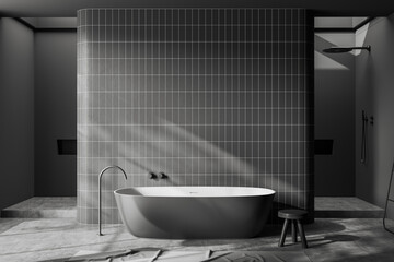 Naklejka na ściany i meble Front view on dark bathroom interior with large bathtub