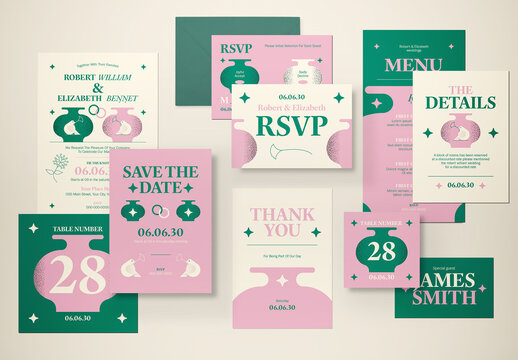 Pink Suite Wedding Invitation Set